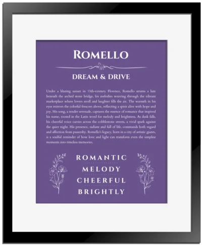 Romello personalized name meaning print in purple with black matte frame