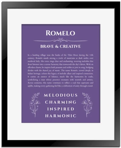 Romelo custom name print for wall display in purple with black matte frame