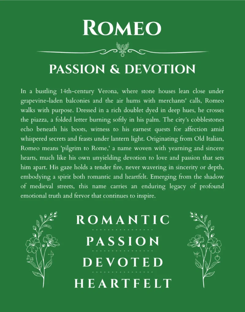 Romeo personalized wall art with the story of your name in dark green