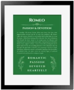 Romeo personalized wall art with the story of your name in dark green with black matte frame