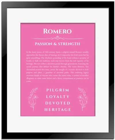 Romero personalized wall art with the story of your name in pink with black matte frame