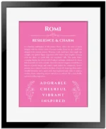 Romi personalized wall art with the story of your name in pink with black matte frame