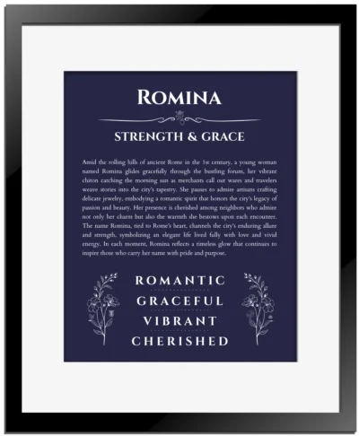 Romina custom name meaning print in navy blue with black matte frame