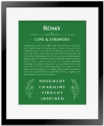 Romy name meaning wall art by Get Your Story in dark green with black matte frame