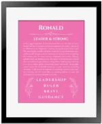 Ronald personalized name art with origin story in pink with black matte frame