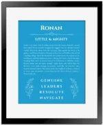 Ronan personalized wall art with the story of your name in blue with black matte frame