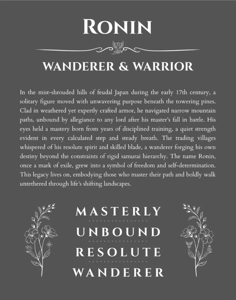 Ronin personalized name art with origin story in gray