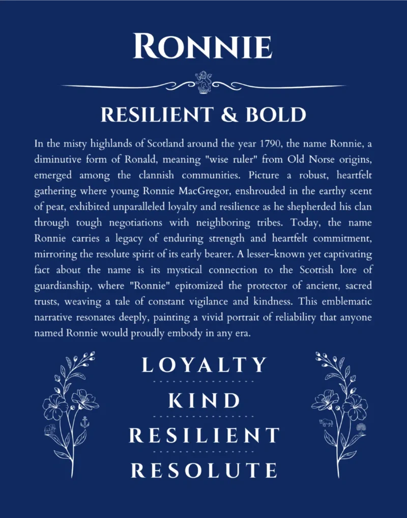Ronnie custom name art showing meaning and origin in deep blue
