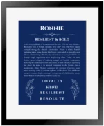 Ronnie custom name art showing meaning and origin in deep blue with black matte frame