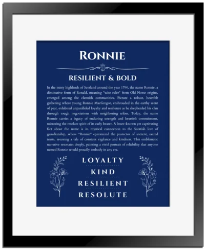 Ronnie custom name art showing meaning and origin in deep blue with black matte frame