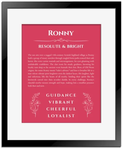 Ronny personalized name meaning print in red with black matte frame