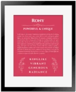 Rony personalized wall art with the story of your name in red with black matte frame