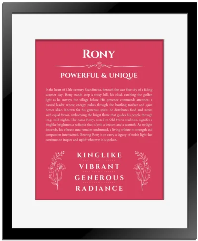 Rony personalized wall art with the story of your name in red with black matte frame