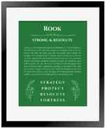 Rook personalized name print with origin and traits in dark green with black matte frame