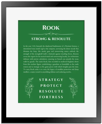 Rook personalized name print with origin and traits in dark green with black matte frame