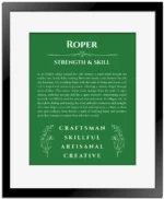 Roper name origin print with meaning and traits in dark green with black matte frame