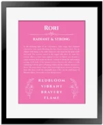 Rori custom name meaning print in pink with black matte frame