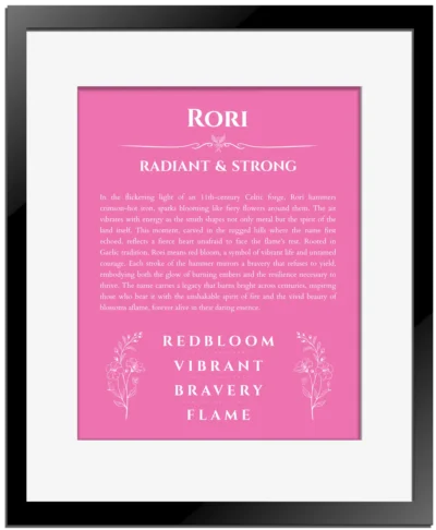Rori custom name meaning print in pink with black matte frame