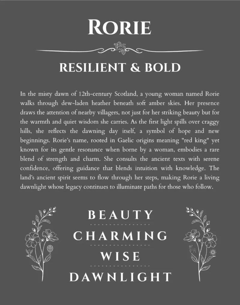 Rorie personalized name print with origin and traits in gray