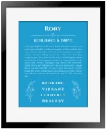 Rory custom name art showing meaning and origin in blue with black matte frame