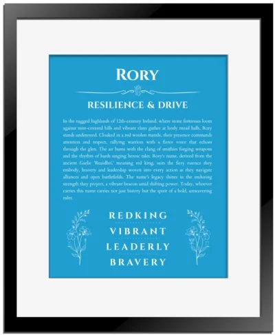 Rory custom name art showing meaning and origin in blue with black matte frame