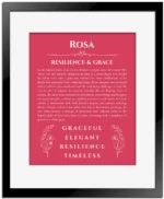 Rosa custom name art showing meaning and origin in red with black matte frame