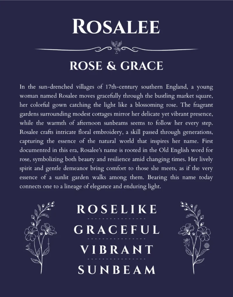 Rosalee personalized name print with origin and traits in navy blue