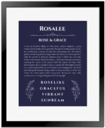 Rosalee personalized name print with origin and traits in navy blue with black matte frame