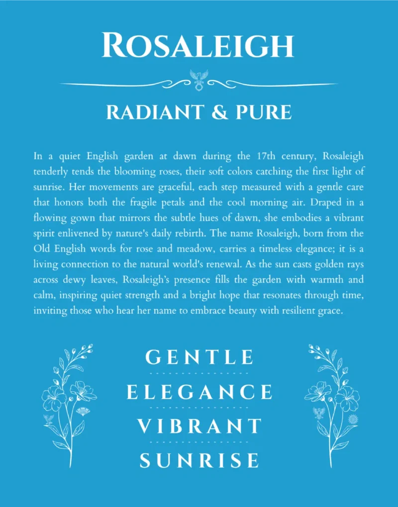 Rosaleigh custom name art showing meaning and origin in blue