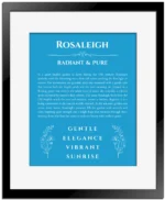 Rosaleigh custom name art showing meaning and origin in blue with black matte frame