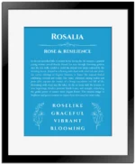 Rosalia personalized wall art with the story of your name in blue with black matte frame