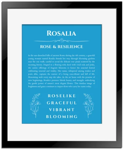 Rosalia personalized wall art with the story of your name in blue with black matte frame
