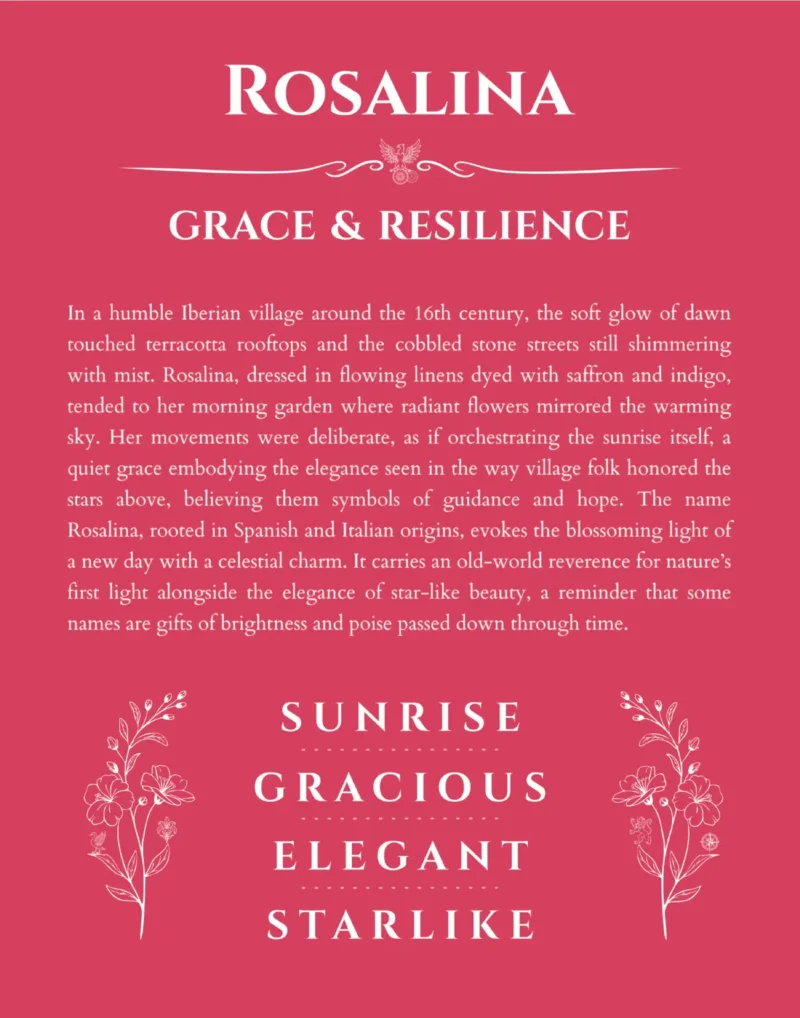 Rosalina name origin print with meaning and traits in red