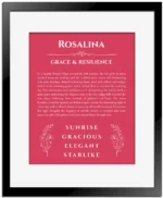 Rosalina name origin print with meaning and traits in red with black matte frame
