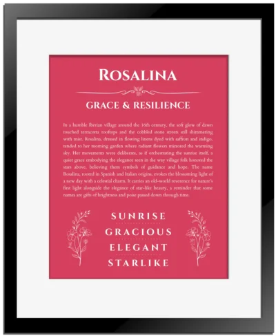 Rosalina name origin print with meaning and traits in red with black matte frame
