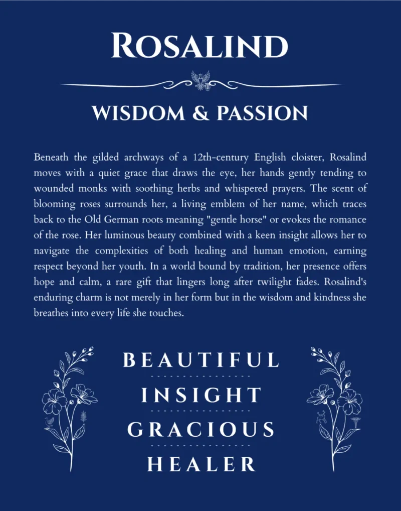 Rosalind personalized name art with origin story in deep blue