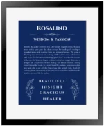 Rosalind personalized name art with origin story in deep blue with black matte frame