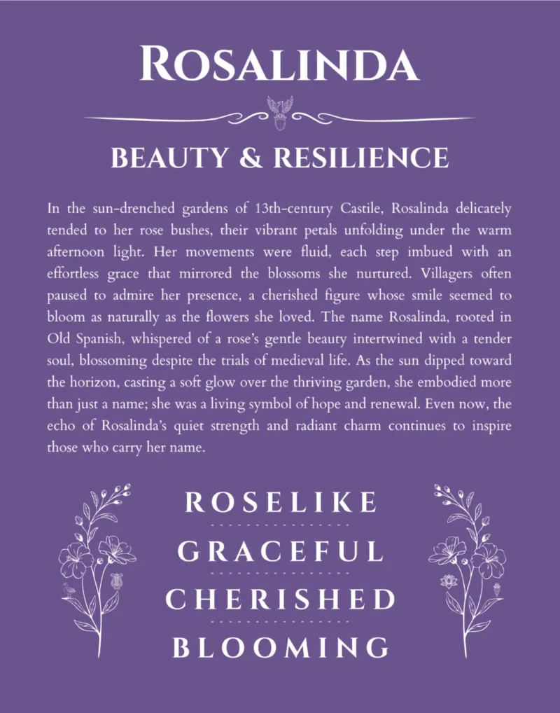 Rosalinda personalized name art with origin story in purple