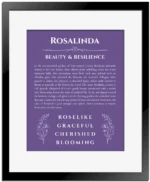 Rosalinda personalized name art with origin story in purple with black matte frame