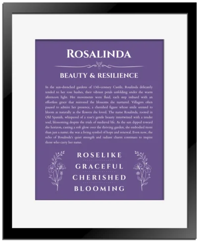 Rosalinda personalized name art with origin story in purple with black matte frame