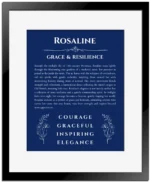 Rosaline personalized name meaning print in deep blue with black matte frame