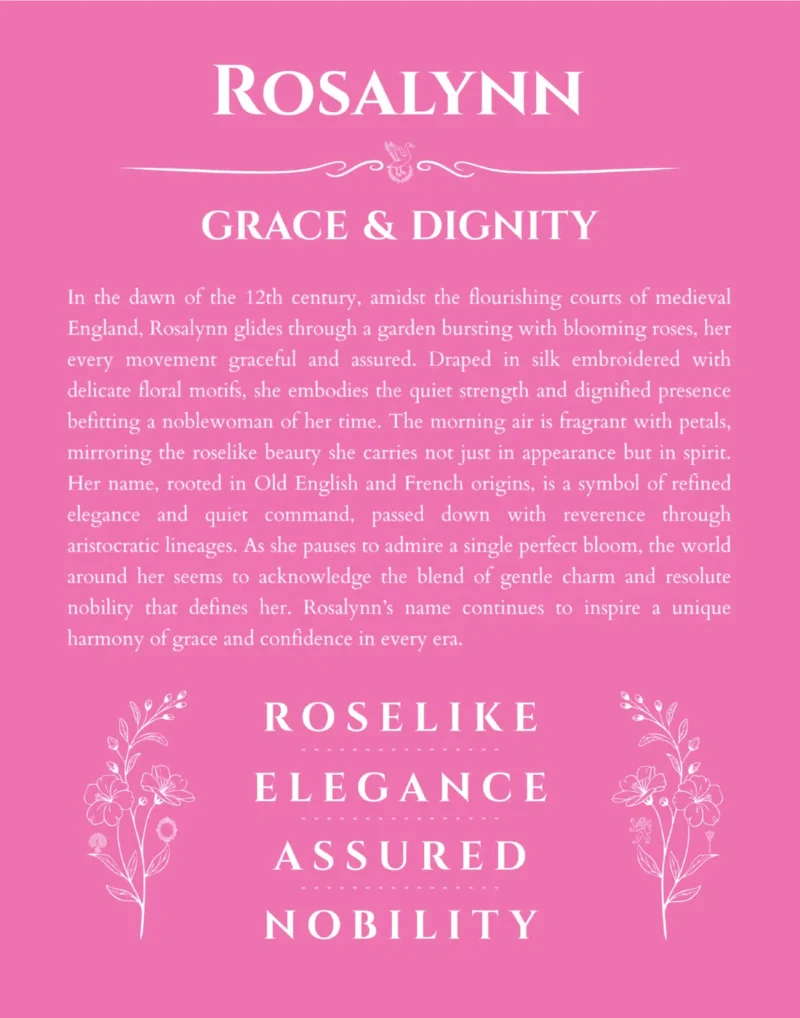 Rosalynn personalized name art with origin story in pink