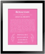 Rosalynn personalized name art with origin story in pink with black matte frame