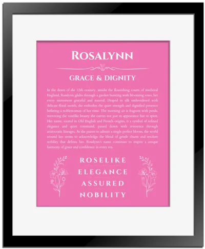 Rosalynn personalized name art with origin story in pink with black matte frame