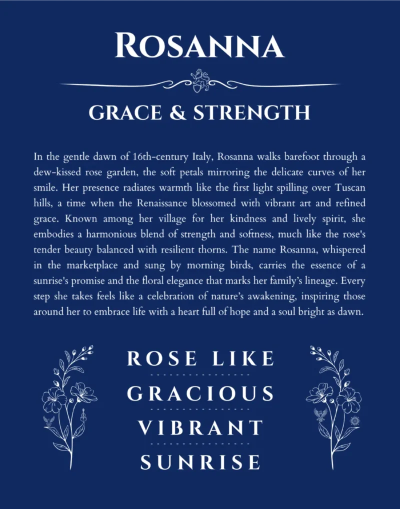 Rosanna personalized name art with origin story in deep blue
