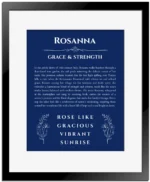 Rosanna personalized name art with origin story in deep blue with black matte frame