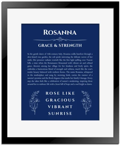 Rosanna personalized name art with origin story in deep blue with black matte frame