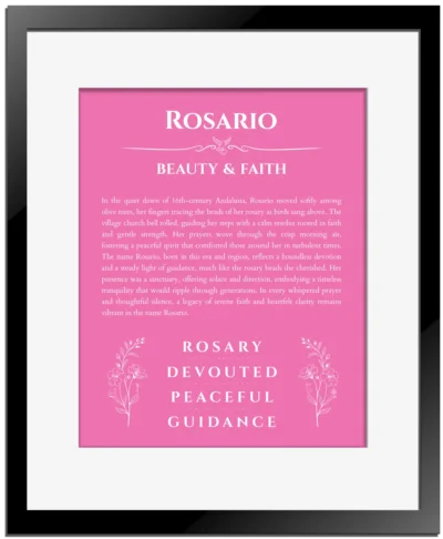 Rosario personalized name meaning print in pink with black matte frame