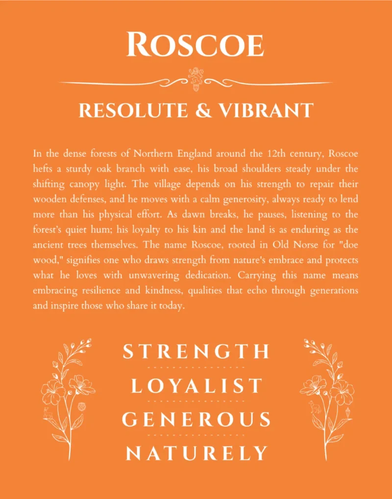 Roscoe personalized name print with origin and traits in orange