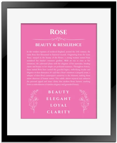 Rose custom name print for wall display in pink with black matte frame